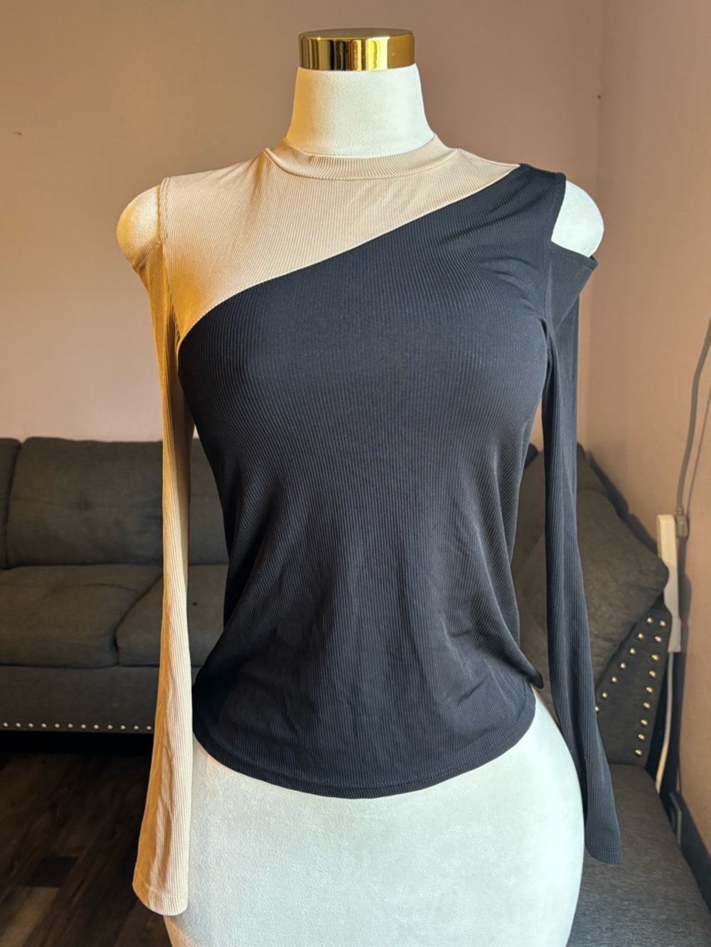SHEIN Black & Cream One-Shoulder Asymmetric Long Sleeve Top